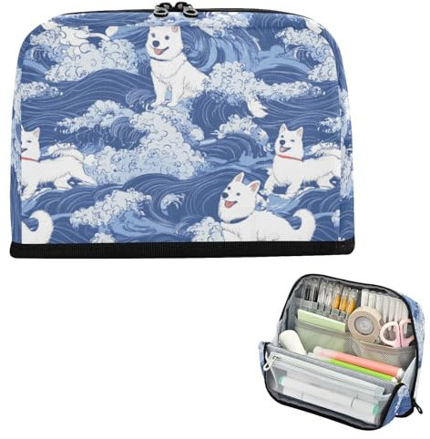 EtherSpher Trousse à crayons de style japonais avec vagues de chien bleu de grande capacité pour étudiants, cosmétiques, lapiceras para mujer