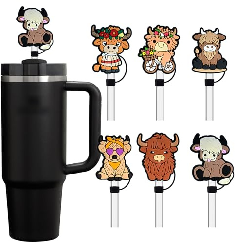 6 Pack Straw Toppers Compatible with Stanley Cup 40 oz Tumbler, Reusable Dust-Proof Silicone Highland Cow Straw Cover Caps - Western Style Water Bottle Accessories & Gifts for Her