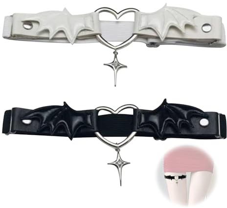 FOSDICK 2 Stück PU Leder Strumpfband, Verstellbarer Strumpfband Schwarz Weiß, Y2K Gothic Herz Flügel Garter für Beine und Oberschenkel für Frauen Halloween Rave Karneval Cosplay Gothic Party Zubehör