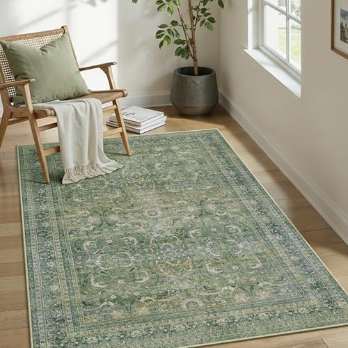 PureCozy Waschbarer Grün Teppich Wohnzimmer 80x150cm Vintage Tepich | Kurzflor Rutschfest,Weich Boho Retro Carpet,Leicht,Schlafzimmer,Esszimmer,Kinderzimmer,Büro