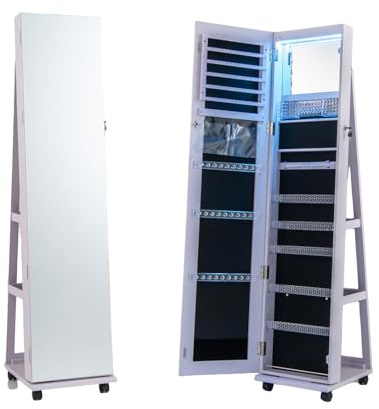 GOPLUS Schmuckschrank mit Ganzkörperspiegel, Spiegelschrank Schmuck mit Beleuchtung & Ablage, Standspiegel mit Rollen, abschließbarer Schmuck-Organizer für Schlafzimmer, Ankleideraum (Lila)