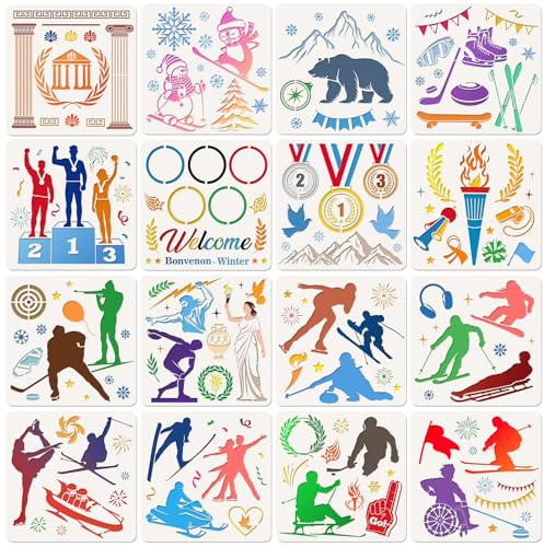 DPKOW 16 x Wintersport Schablonen zum Malen Basteln, Athleten Medaillen Fackel Schablonen Stencil zum Wintersport Zeichnen Scrapbooking auf Holz/Textil/Wand/Tattoo/Papier/Zuhause