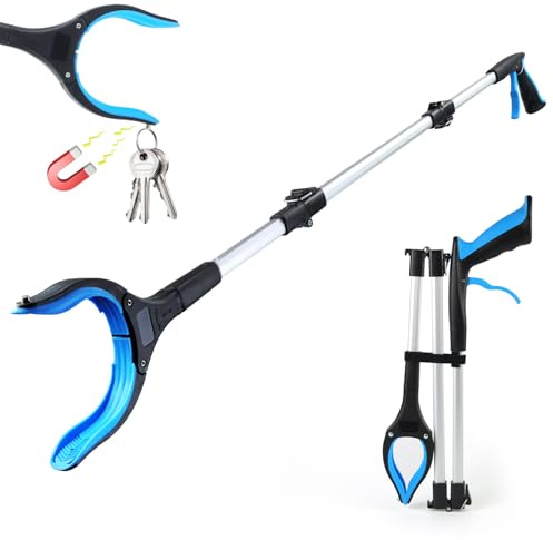 Qcdou Pince Ramasse Objet, 110 cm Pince pour Ramasser sans se Baisser, Pliable avec Pointes Magnétiques, Large Mâchoire, Outil pour Handicapés, Pince Ramasse Dechets pour Ramasser Les Déchets(Bleu-C)