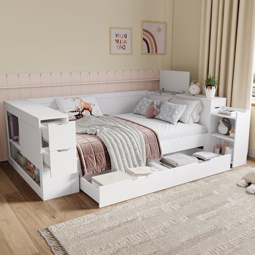 ModernLuxe 3FT Single Bed Frame with Drawers, Shelves and Storage Space, Multifunctional Children’s Day Bed with Bedside Table, White, 90 x 190 cm (No Mattress)