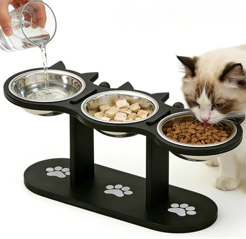 3 en 1 Gamelle Chat Surélevée, 15° Incliné Support en Bois avec 3 Bols en Acier Inoxydable Station d’Alimentation pour Chat et Petit Chien Noir