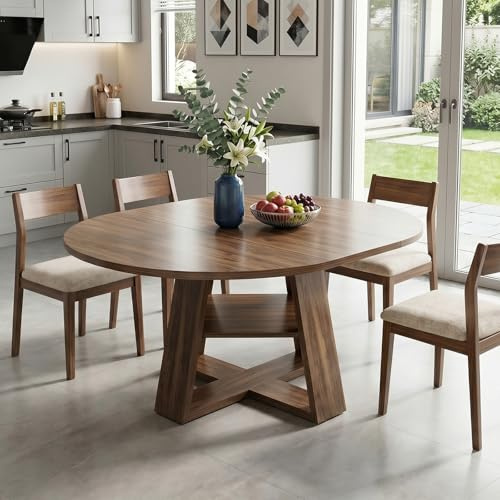 LNRLZYLS Ausziehbar Runder Esstisch, Esszimmertisch mit Ablage, platzsparender Küchentisch Walnuss Runder Tisch, 110-150 cm, ausziehbar zu oval, für 4-6Personen (Stil 1)