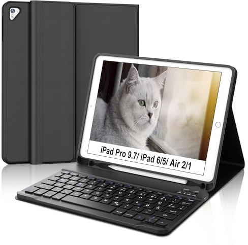 Hülle mit Tastatur für ipad 6. generation (2018)/ 5. Generation (2017)/ Pro 9.7 (2016)/ Air 2&1 (2014), Tastatur Hülle für iPad 9.7 zoll Bluetooth Magnetisch Keyboard QWERTZ mit Stifthalter, Schwarz