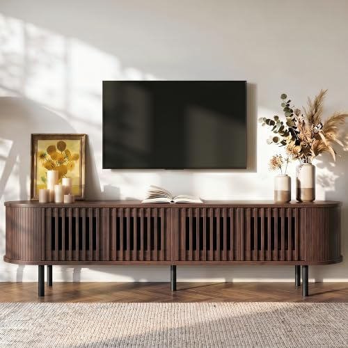 Mobile TV Lowboard moderno, per TV fino a 75 pollici, 4 ante a battente, adatto per soggiorno, camera da letto, recinzione traforata, porta a rullo curva, noce, 178 x 39,5 x 49,5 cm