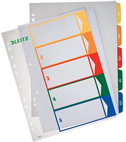 Leitz Register für A4, PC-beschriftbares Deckblatt und 5 Trennblätter, Taben mit Zahlenaufdruck 1-5, Überbreite, Weiß/Mehrfarbig, Polypropylen, 12910000