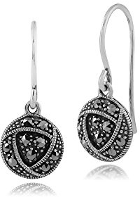 Boucles d'oreilles pendantes rondes en marcassite et rose Rennie Mackintosh en argent sterling 925