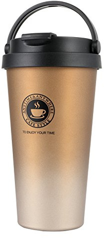 18/8 Stainless Steel Double Wall Vacuum Insulated Travel Coffee Mug with Handle/Portable Thermal Cup,Wide Mouth Tumbler with Leak Proof Lid,17oz,Brown
