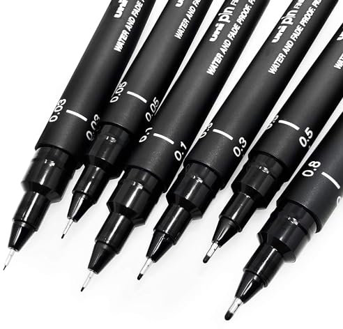 Uni Pin Fineliner Zeichenstift – Skizzierset - schwarze Tinte – 0,03 bis 0,8 mm – 6 Stück