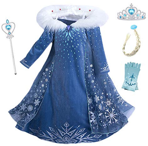 New front Elsa Mädchen Prinzessinnenkleid Kinder Kostüm mit Krone Zauberstab Handschuhe für Cosplay Verkleidung Geburtstagsfeiern Halloween Geschenk Weihnachten, Blau, 150
