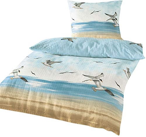Traumschlaf Seersucker Sommer Bettwäsche Set aus 100 % Baumwolle • Maritimes Seemöwen-Motiv • Bügelfrei & Atmungsaktiv • Mit Reißverschluss • Hautfreundlich & Pflegeleicht •