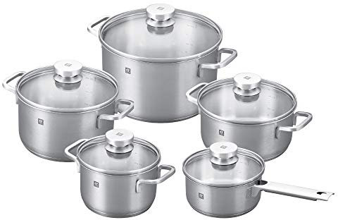 ZWILLING Focus 10 Piece Stainless Steel Cookware Set I Industion Compatible I 18/10 Stainless Steel Interior for Pure Tasting Food I Glass Lids and Folded Rims, Regular, Silver (66670-001)