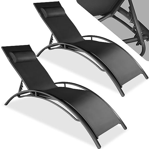 Tectake Set de 2 Chaises Longues Bain de Soleil Extérieur Avec Appuie-tête - Inclinables, Transat de Plage, Relax pour Jardin, Camping et Salon - Noir