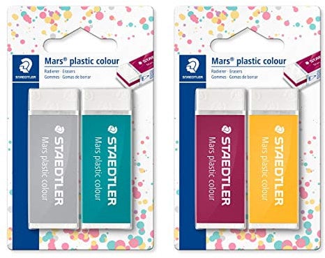 STAEDTLER Radierer Mars plastic colour, geringe Krümelbildung, Phthalat- und latexfrei, Blisterkarte mit 2 Radierer, 52650E1BK2