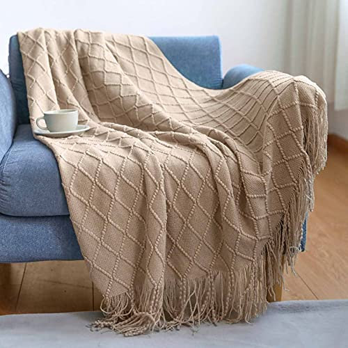 LumiSyne Gestrickte Decke Mit Quaste Einfarbig Geometrische Muster Kuscheldecke Strickdecke Tagesdecke Überwurf Couchdecke Dekorative Decke Für Sofa Bett 230x130cm