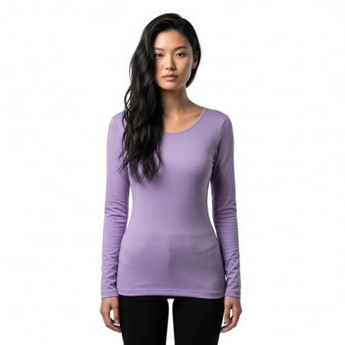 LUXFAB Women's Long Sleeve T-Shirt Top with Scoop Neck Soft Stretch Viscose Fabric Athletic Fit, Bright Colors, Sizes 8-26 Plus Comfert Stretch Ladies Lilac