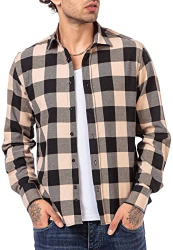 RED BRIDGE Chemise Casual pour Homme à Carreaux Shirt quadrillé Vintage Noir-Beige S