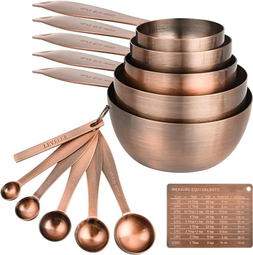 Smithcraft Verkupferte Messbecher und Messlöffel 12 Stück, Edelstahl-Messbecher und Messlöffel mit Nivellierer und Messäquivalenten für Küche und Backen
