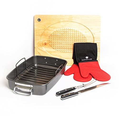 MasterClass Roasting Pan with Rack, Two Piece Carving Set, Carving Board & Silicone Double Oven Glove