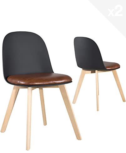 KAYELLES Lot de 2 chaises de Cuisine - Salle à Manger scandinaves, siège Plastique Souple avec Coussin Simili Cuir rembourré Mousse, Pieds Bois de hêtre Clair UFI (Noir Marron)