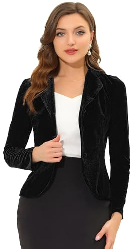 Allegra K Damen-Revers-Anzugjacke, langärmelig, Büro, Business, Samt, Blazer, Schwarz , 34