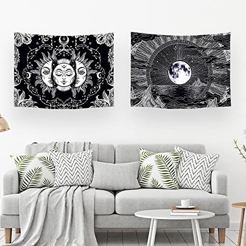 Ulticool – Wandteppich Dekoration Wohnung - Sonne Mond Tierkreis Tarot Bohemien - Schwarz Weiß - Set von 2 Motiven – 73 cm x 95 cm - Wandtuch