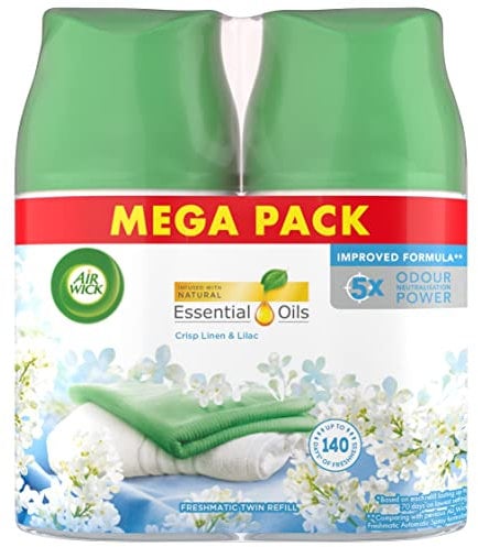 Air Wick Automatic Air Freshener Freshmatic Spray Twin Refills, Crisp Linen and Lilac, Pack 2 x 250ml, Natural Essential Oils, Last up to 140 Days, Air freshener
