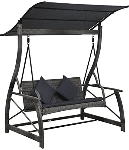 Hollywoodschaukel, Chusui Gartenschaukel, Garten Schaukel, Schaukelgestell, Schaukel Garten, Schaukelgerüst, 3-Sitzer mit Dach Poly Rattan Grau