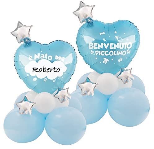 Palloncini Centrotavolo Nascita Battesimo Bambino Scritta Benvenuto Piccolino Blu Doppia Faccia Scrivibile Decorazione Tavolo Festa Bomboniere Confetti Nascita Baby Shower