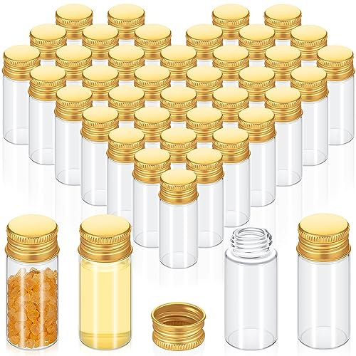 Didaey Lot de 100 mini pots à épices transparents avec couvercles en verre avec bouchons à vis en aluminium pour poudre, crème, cosmétiques, bijoux, mariage (10 ml, bouchons dorés)