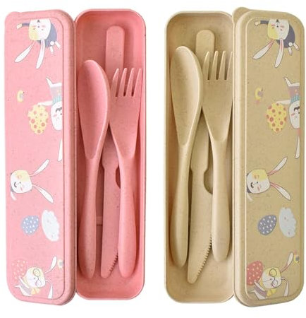 Set di 2 Set Posate da Viaggio con Custodia - Coltelli, Forchette, Cucchiai e Bacchette, Portaposate da Viaggio Posate Plastica Riutilizzabili Posate Portatili (Rosa + Beige)