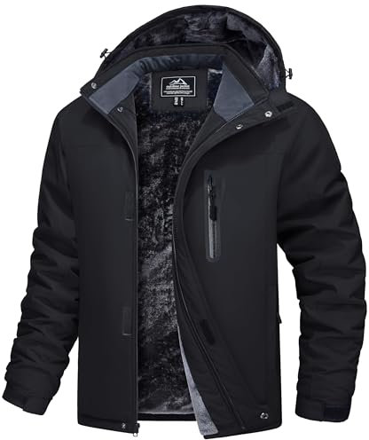 MAGCOMSEN Giacca invernale da uomo in pile impermeabile, calda, da sci, neve, antivento, con cappuccio staccabile, Nero , XXL