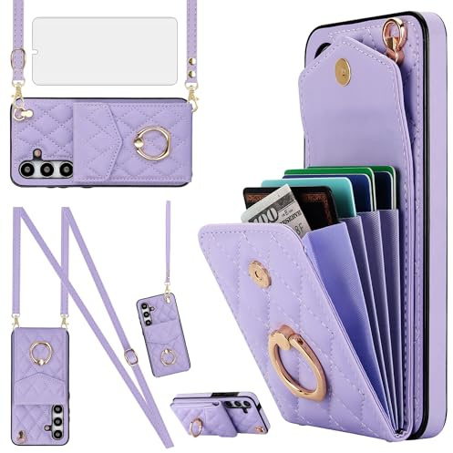 Asuwish Handyhülle für Samsung Galaxy S24 5G Hülle mit Band Folie Schutzfolie RFID Ring Ständer Kartenfach Klappbar Geldbörse S 24 24S S24Hülle Handy Hüllen Schutzhülle Damen Wallet Phone Case Lila