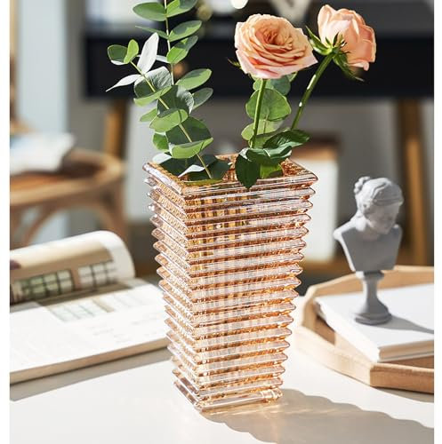 Vase en verre cristal de 23 cm - Grand vase décoratif - Décoration hydroponique - Pour la maison et la table à manger - Cadeau pour mariage, pendaison de crémaillère - Ambre trapèze