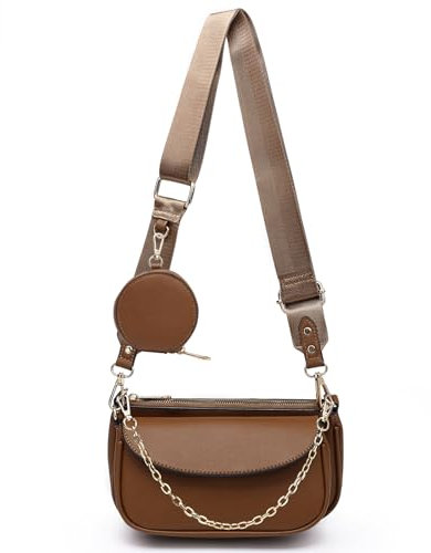 MARCO M KELLY Kleine Umhängetasche für Damen mit Münzgeld, veganes Leder, 3 Schultertaschen, mehrere Taschen, Designer-Handtaschen, Braun