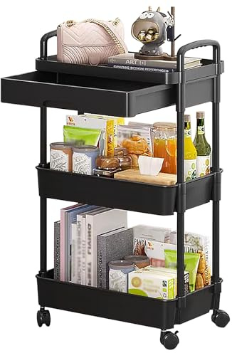 Duojin - Carrello portaoggetti a 3 ripiani in plastica con maniglia, carrello portaoggetti multifunzionale con cesti a rete e ruote bloccabili per bagno, cucina, ufficio, aula (nero)