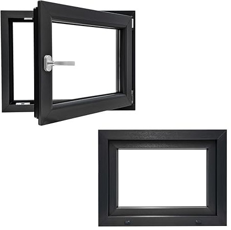 Fenster auf VEKA Premium Qualität Kunststoff/Garagen/Keller/Hallen/Gartenhaus PVC Hochwertiges Dreh Kipp 2-Fach Verglasung Innen und Außen Anthrazit 45x75cm 450x750mm DIN Rechts Hersteller