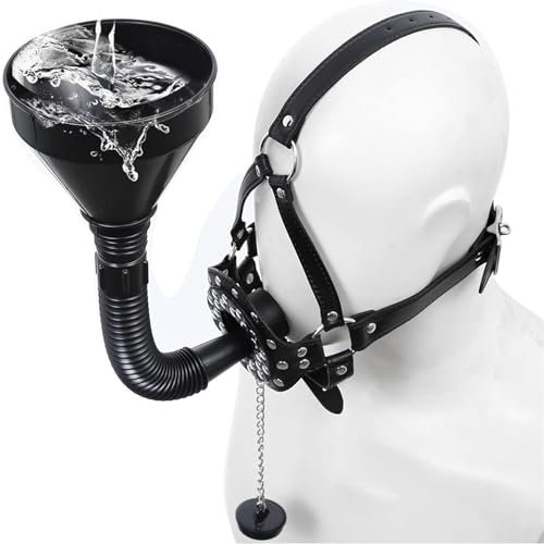 Leder Maske Mit Stopper Ball Und Piss Trichter, SM Harness Bondage Set Urinal Piss Trichter Öffnen Mouth Gag Fetisch Slave Extrem Sexspielzeug Für Frauen Männer Paare (Schwarz)
