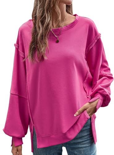 OLIPHEE Felpa da Donna Camicia a Maniche Lunghe Top Girocollo Teens Maglione Vintage Casual Top (L,Rosa)