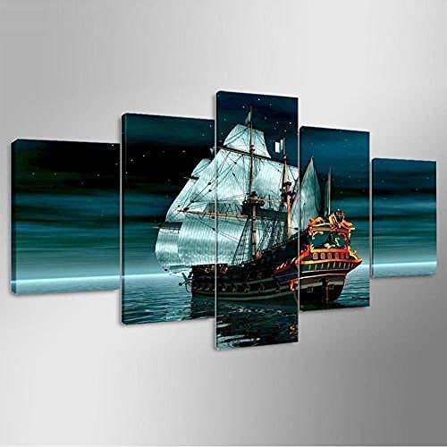 Leinwandbilder Wohnkultur Wandkunst 5 Stück Segeln Hochseesegeln Gemälde Hd-Drucke Poster Für Wohnzimmer, Schlafzimmer, Esszimmer, Büro, Kinderzimmer, Wandbild Mit Rahmen 200 X 100 Cm
