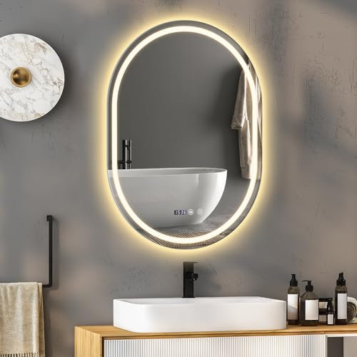 YU YUSING Miroir de Salle de Bain LED Ovale 60x80cm, Miroir Lumineux Cosmétique Mural, 3 Couleurs Lumière Réglables, Affichage L'heure, Anti-buée, Intensité Variable, Fonction Mémoire, Vertical