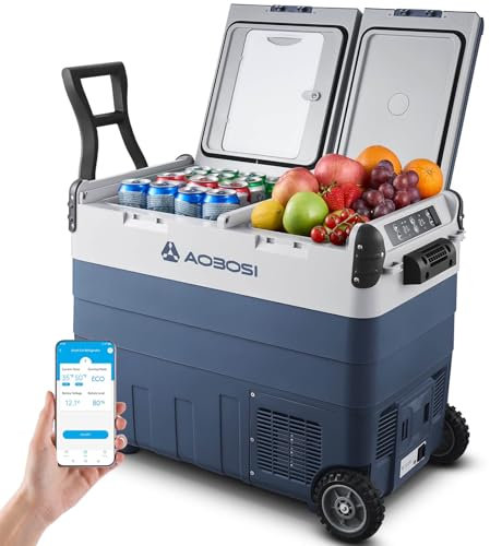 AAOBOSI Glacière à Compression 50L, Glacière Electrique Double Zone -20°C à 20°C, 12V/24V et 100-240V, Robuste Glaciere Electrique pour Voitures, Camions, Bateaux, Maisons, Camping et Pêche(Bleu)