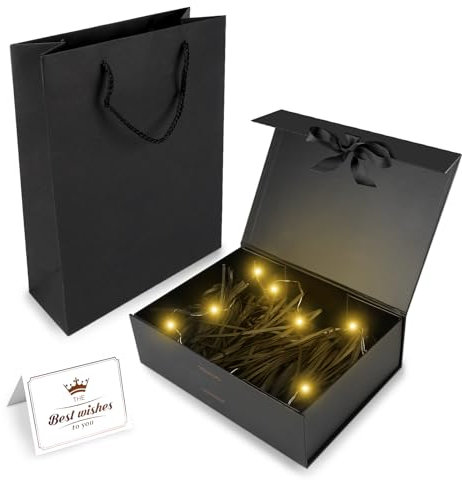 Scatola regalo nera con l'arco, Scatole Regalo 23x17x7cm, Scatola Regalo con Coperchio, Confezione Regalo con nastro, Carte, Carta,luci Sminuzzata (Magnetica, Nero)