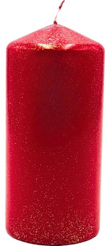 Hochwertige XL Dekokerze als Stumpen - Stumpenkerze, Haushaltskerze, Tafelkerze mit dezentem Glitterfinish in rot, Größe L/B/H: ca. 7 x 7 x 15 cm.