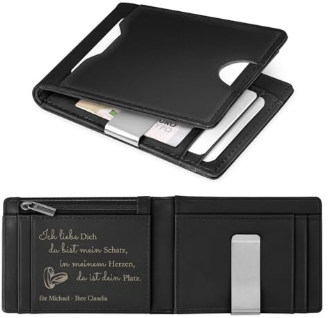 Maverton Slim Wallet mit Münzfach aus echtem Rindsleder - Geldbörse Herren für 9 Karten- Geschenke für Männer - personalisierte Geschenke für ihn zum Valentinstag- schwarz glatt