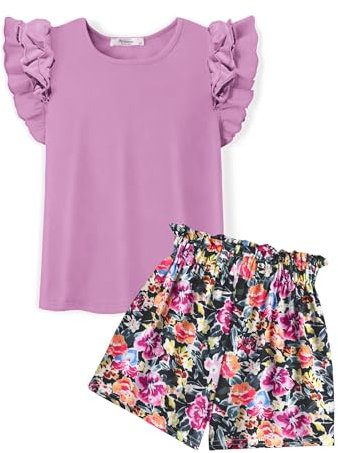 Arshiner Set di Abbigliamento per Ragazze in Cotone Viola Vestito Estivo Maniche Volant Girocollo T-Shirt Pantaloncini Set Due Pezzi per Il Tempo Libero per Bambini con Tasca 11-12 Anni