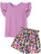 Arshiner Set di Abbigliamento per Ragazze in Cotone Viola Vestito Estivo Maniche Volant Girocollo T-Shirt Pantaloncini Set Due Pezzi per Il Tempo Libero per Bambini con Tasca 11-12 Anni